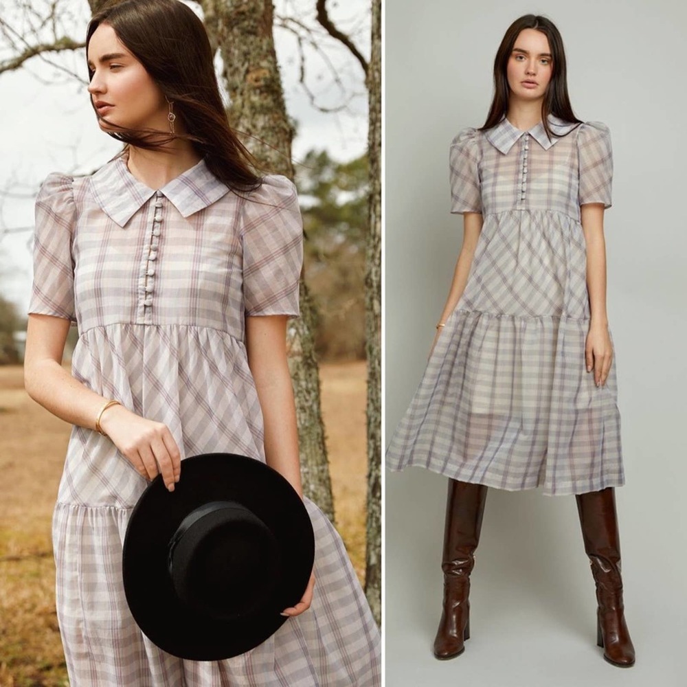 NWT Christy Lynn Eve Plaid Midi Dress in Lavender Plaid Size Large 100% Silk